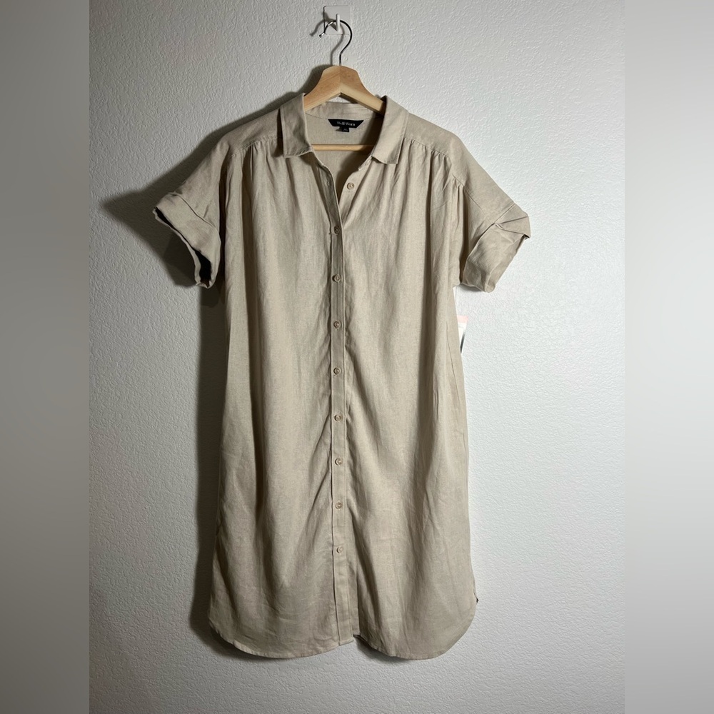NWT well worn button down shirt tan linen dress with pockets Tan‎